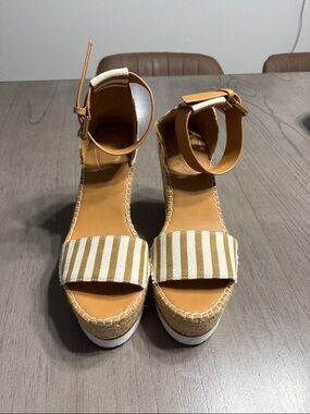 See By Chloe Tan & Cream Striped Espadrille Wedge Sandals